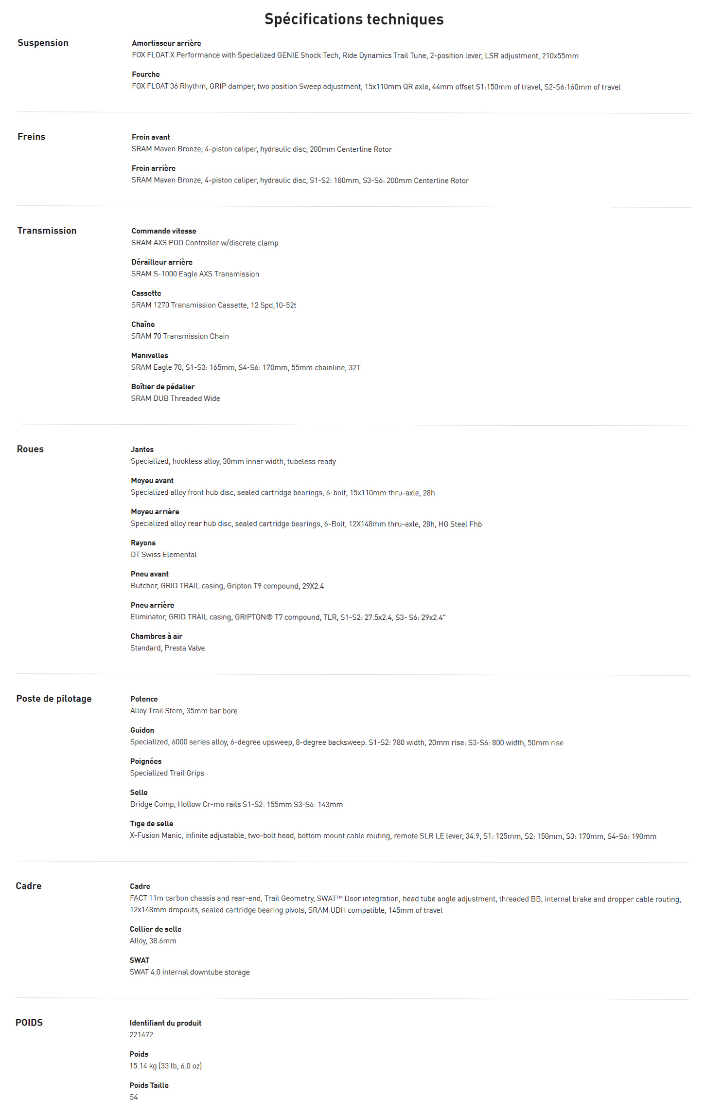 Caracteristique technique du vélo Stumpjumper 15 EVO Comp année 2026